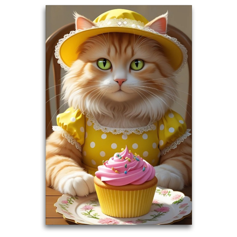 Süße Katze mit Cupcake im Vintage-Kleid – lustiges Katzenbild für die Küche