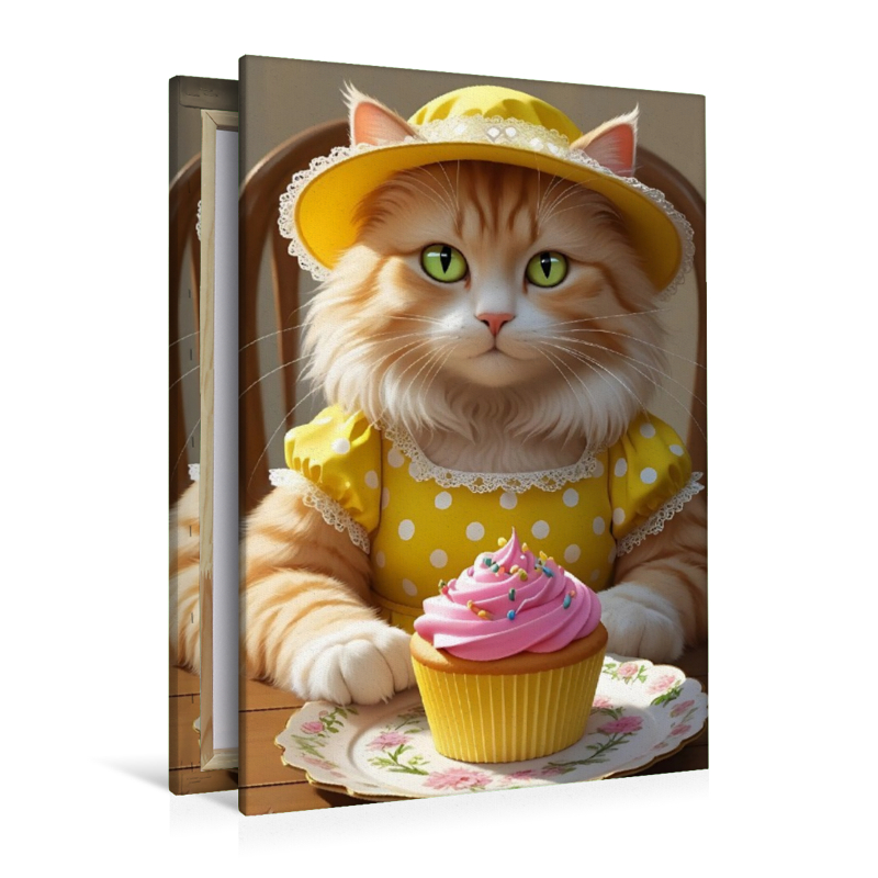 Süße Katze mit Cupcake im Vintage-Kleid – lustiges Katzenbild für die Küche