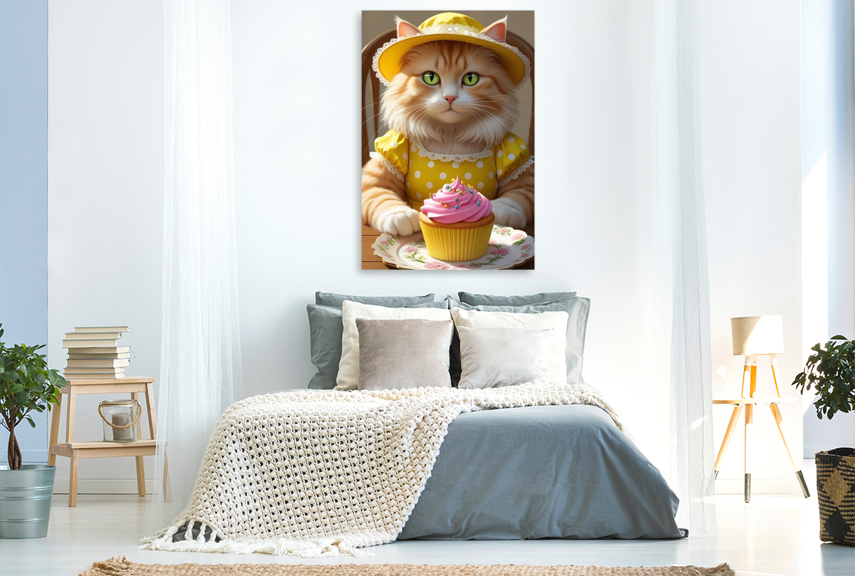 Süße Katze mit Cupcake im Vintage-Kleid – lustiges Katzenbild für die Küche