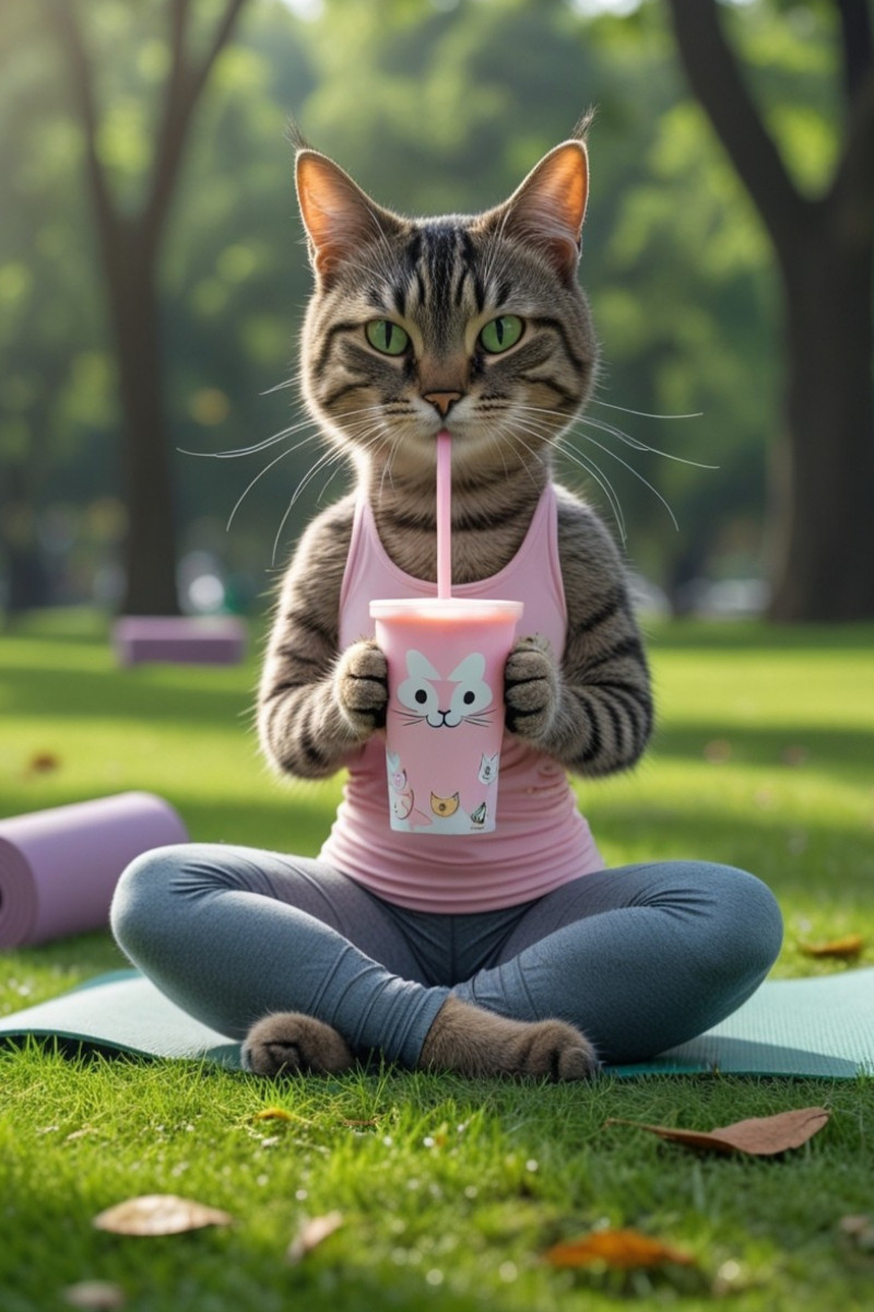 Yoga-Katze mit Smoothie – witziges Katzenbild für Sportfans