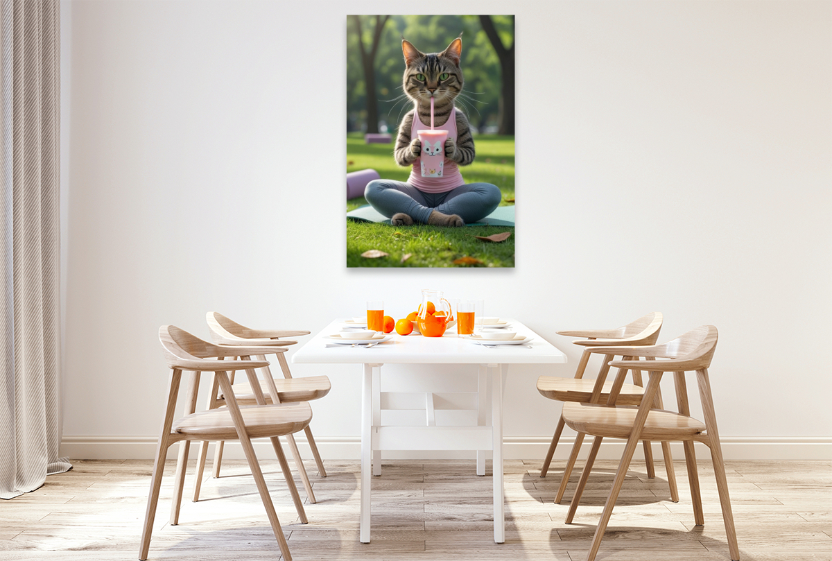 Yoga-Katze mit Smoothie – witziges Katzenbild für Sportfans
