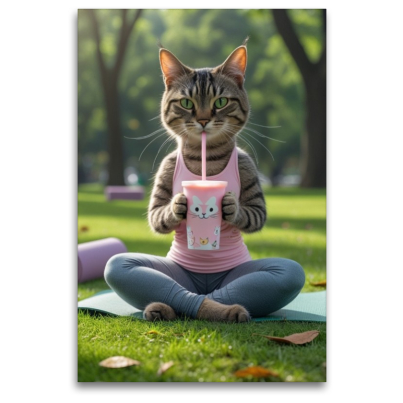 Yoga-Katze mit Smoothie – witziges Katzenbild für Sportfans