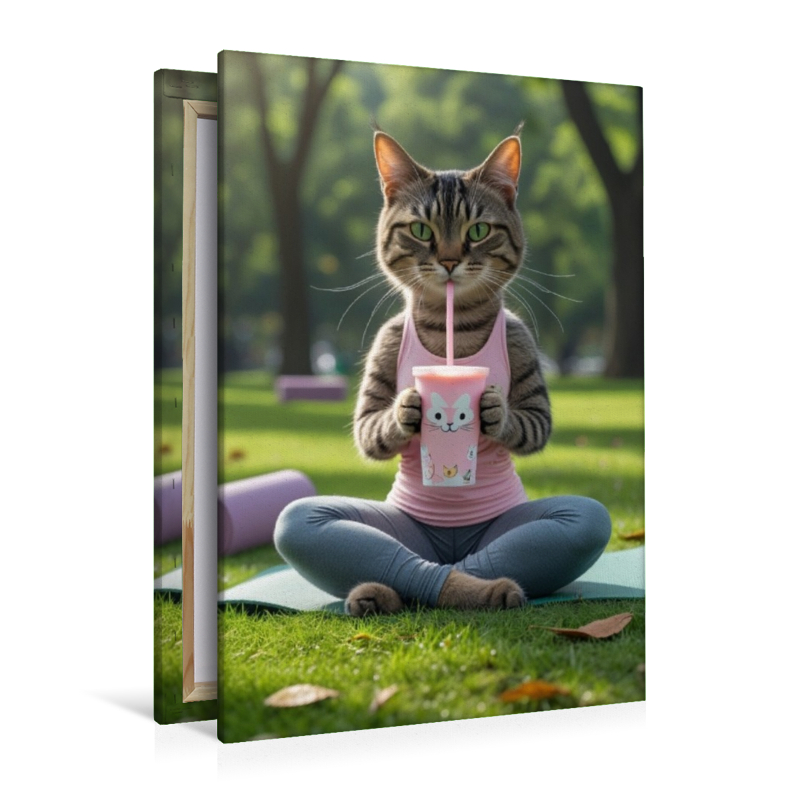 Yoga-Katze mit Smoothie – witziges Katzenbild für Sportfans