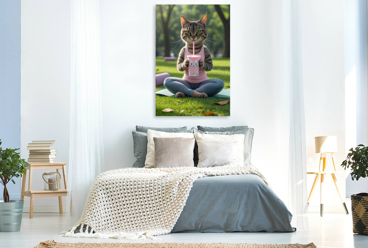 Yoga-Katze mit Smoothie – witziges Katzenbild für Sportfans