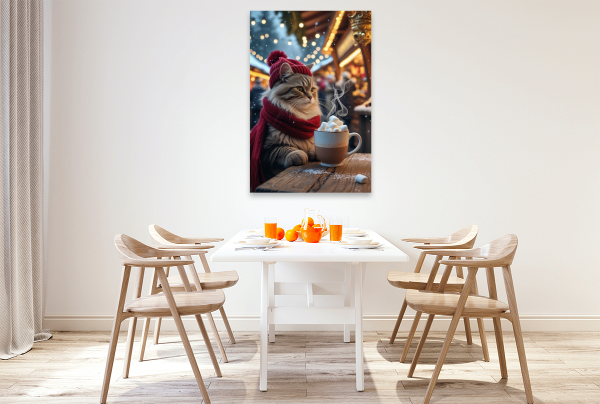 Winterkatze mit heißem Kakao – niedliches Weihnachtsbild für Katzenfreunde  Winterkatze mit heißer Schokolade – gemütliches Weihnachtsmotiv mit Marshmallows  Winterkatze mit heißer Schokolade