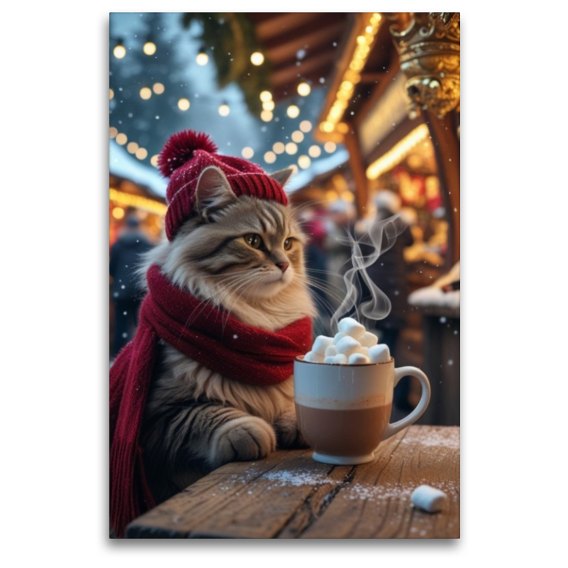 Winterkatze mit heißem Kakao – niedliches Weihnachtsbild für Katzenfreunde Winterkatze mit heißer Schokolade – gemütliches Weihnachtsmotiv mit Marshmallows Winterkatze mit heißer Schokolade