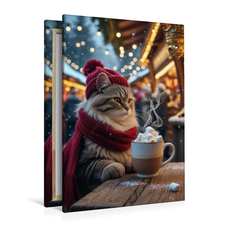 Winterkatze mit heißem Kakao – niedliches Weihnachtsbild für Katzenfreunde  Winterkatze mit heißer Schokolade – gemütliches Weihnachtsmotiv mit Marshmallows  Winterkatze mit heißer Schokolade