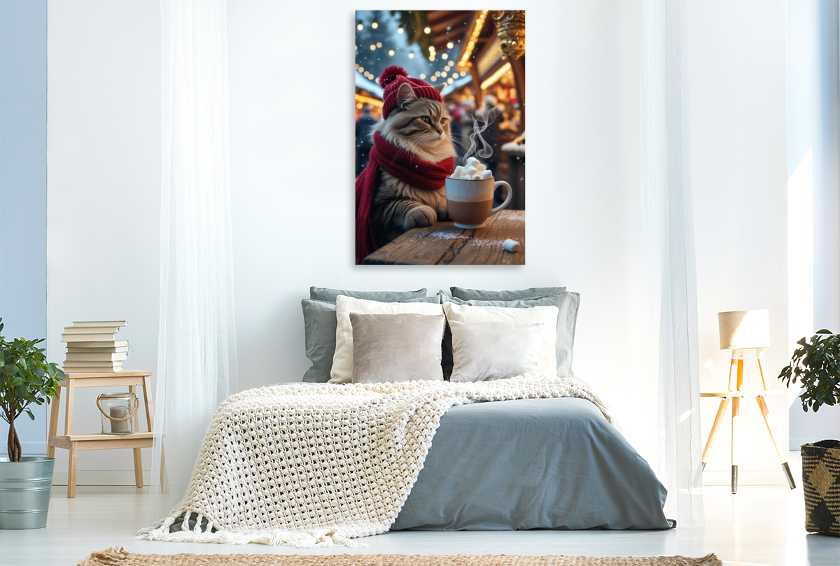 Winterkatze mit heißem Kakao – niedliches Weihnachtsbild für Katzenfreunde  Winterkatze mit heißer Schokolade – gemütliches Weihnachtsmotiv mit Marshmallows  Winterkatze mit heißer Schokolade