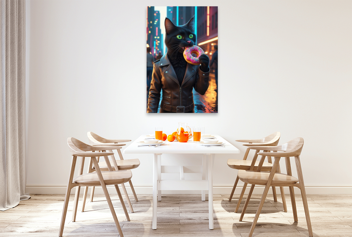 Coole schwarze Katze mit Donut – urbanes Katzenbild für Trendsetter
