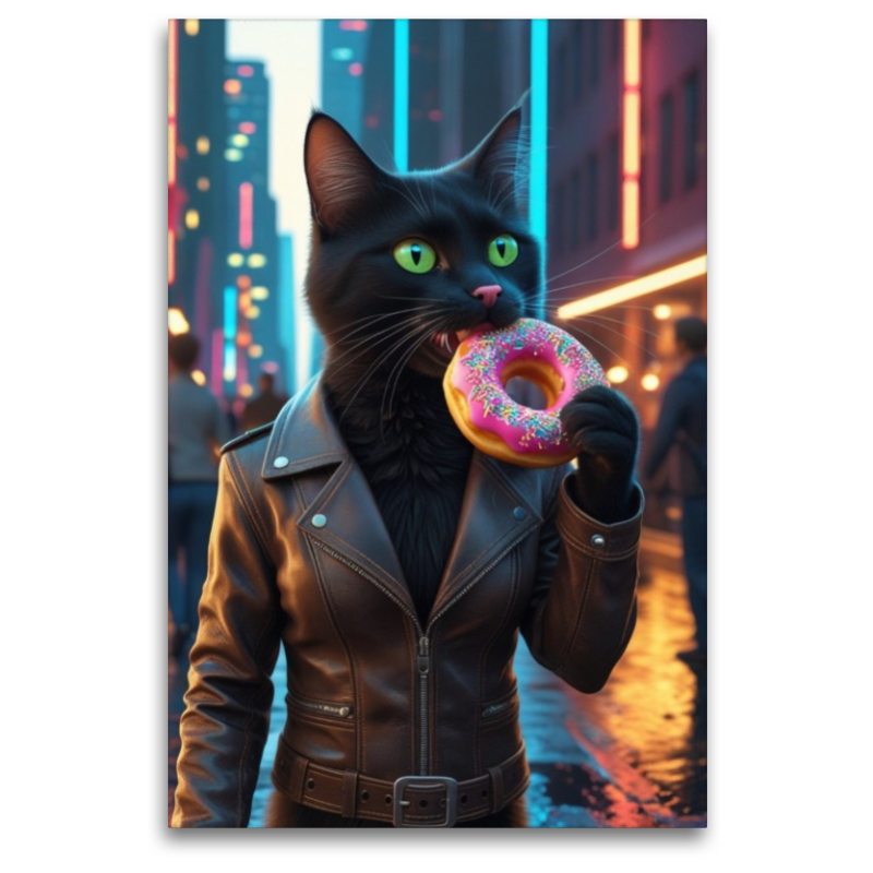 Coole schwarze Katze mit Donut – urbanes Katzenbild für Trendsetter