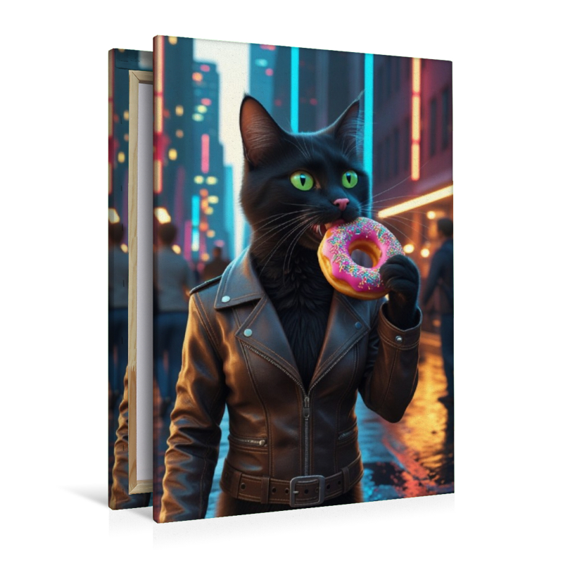 Coole schwarze Katze mit Donut – urbanes Katzenbild für Trendsetter