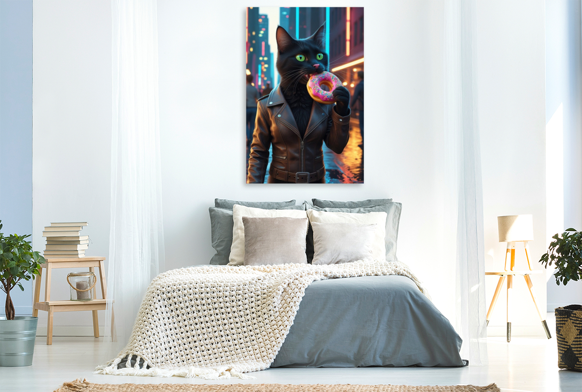 Coole schwarze Katze mit Donut – urbanes Katzenbild für Trendsetter
