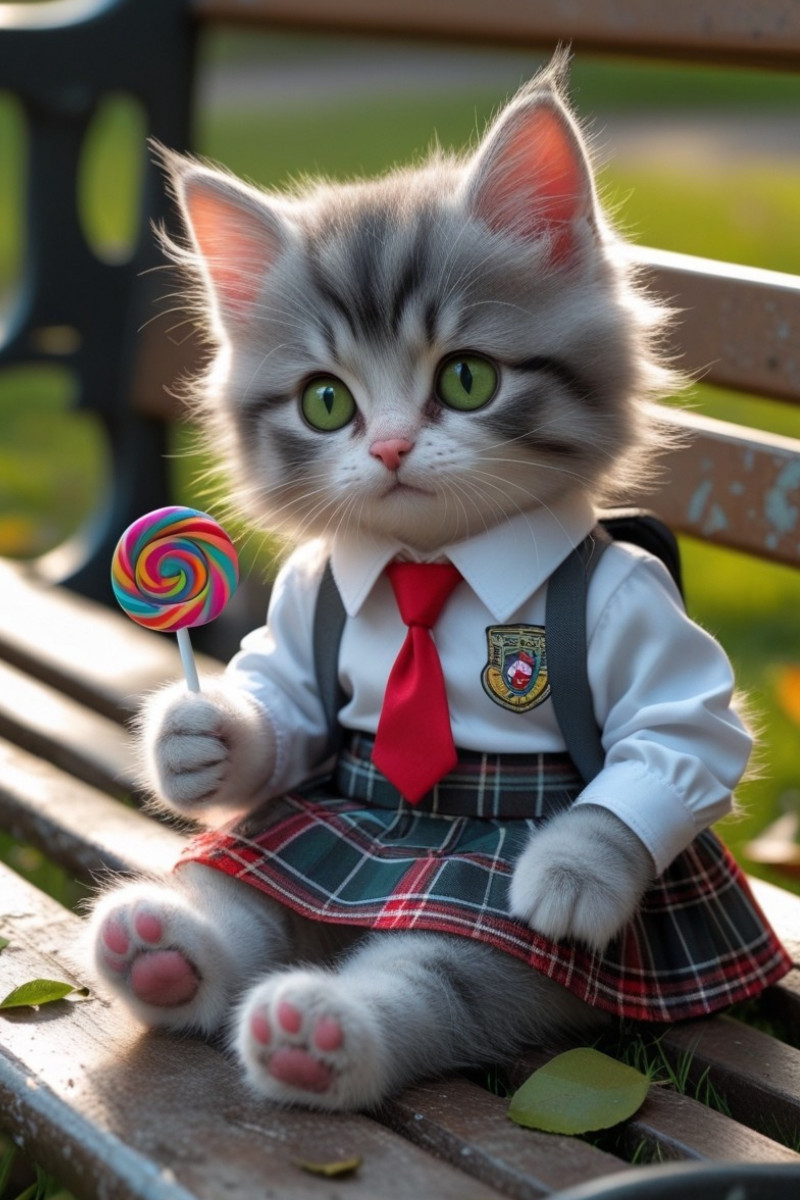 Kleine Schulkatze mit Lolli – niedliches Katzenbild mit Schuluniform