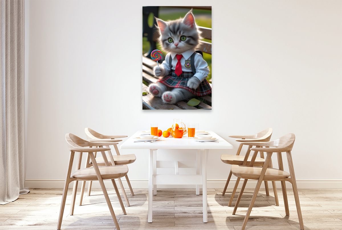 Kleine Schulkatze mit Lolli – niedliches Katzenbild mit Schuluniform