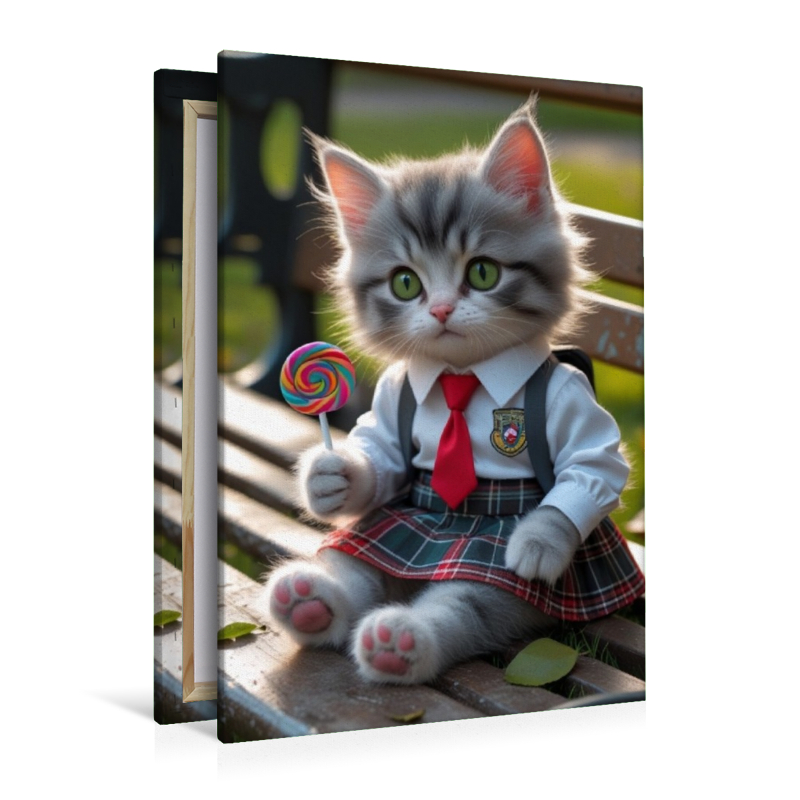Kleine Schulkatze mit Lolli – niedliches Katzenbild mit Schuluniform