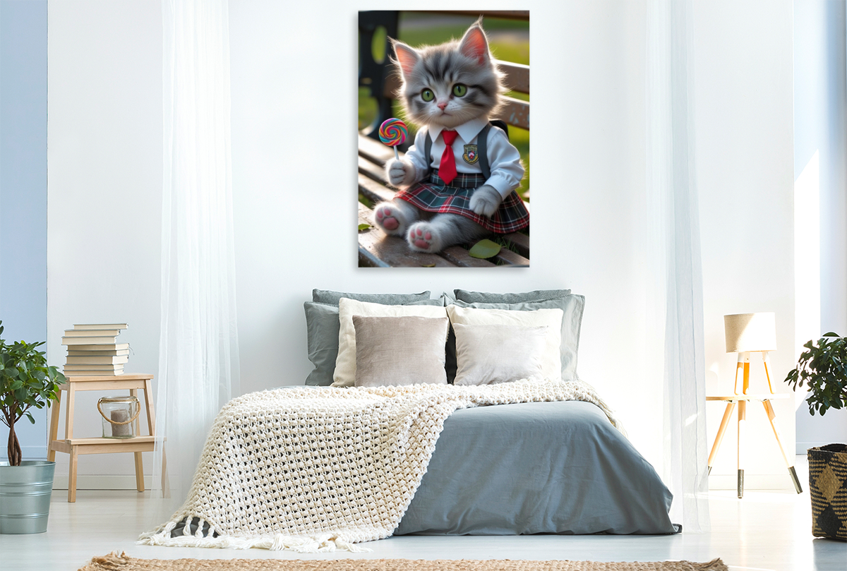 Kleine Schulkatze mit Lolli – niedliches Katzenbild mit Schuluniform