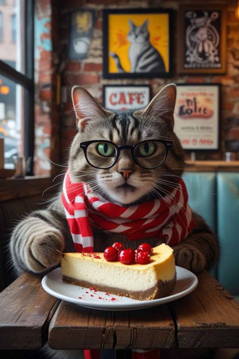 Café-Katze mit Brille und Kuchen – witziges Katzenbild im Hipster-Stil