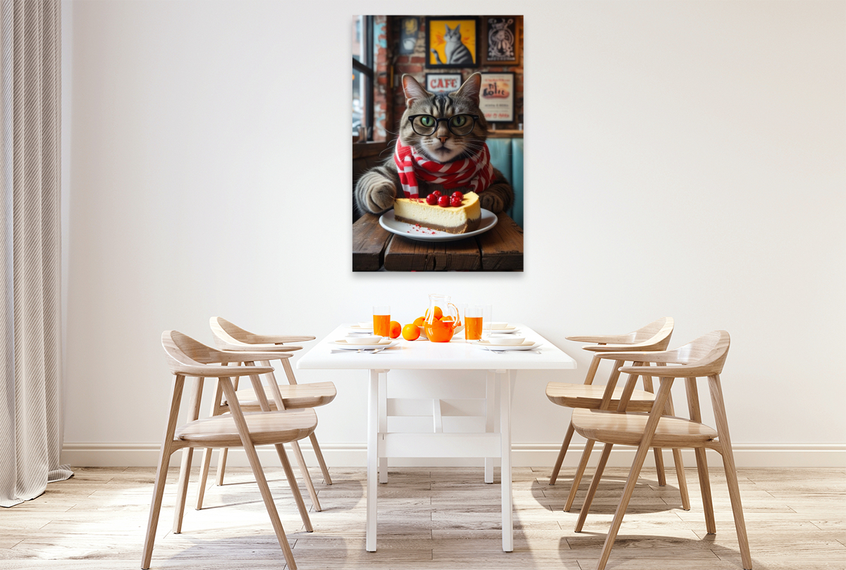 Café-Katze mit Brille und Kuchen – witziges Katzenbild im Hipster-Stil