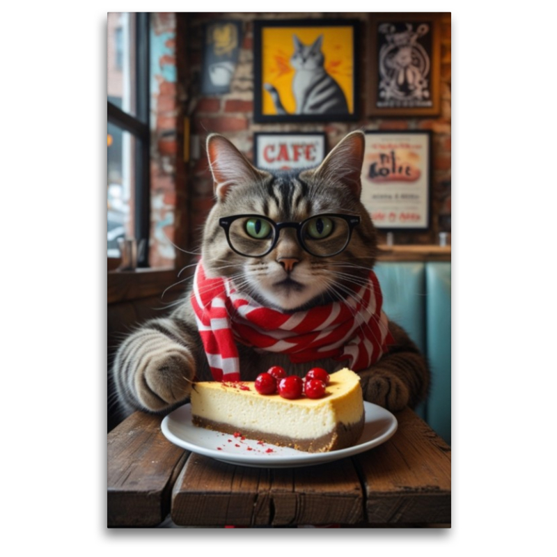 Café-Katze mit Brille und Kuchen – witziges Katzenbild im Hipster-Stil