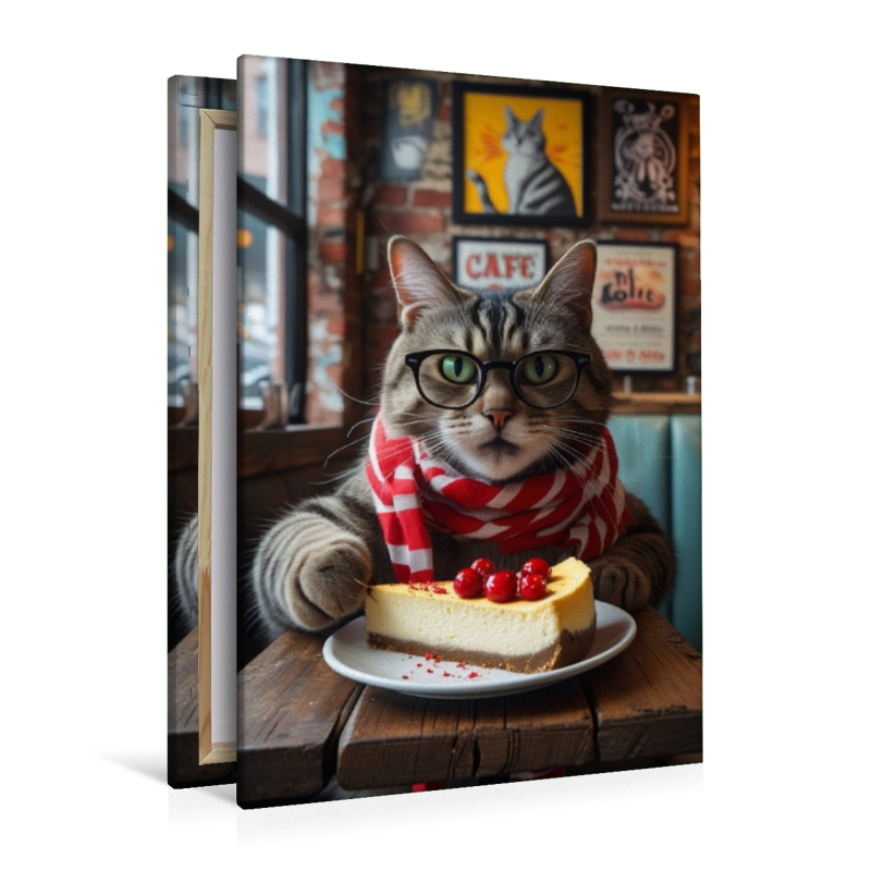 Café-Katze mit Brille und Kuchen – witziges Katzenbild im Hipster-Stil