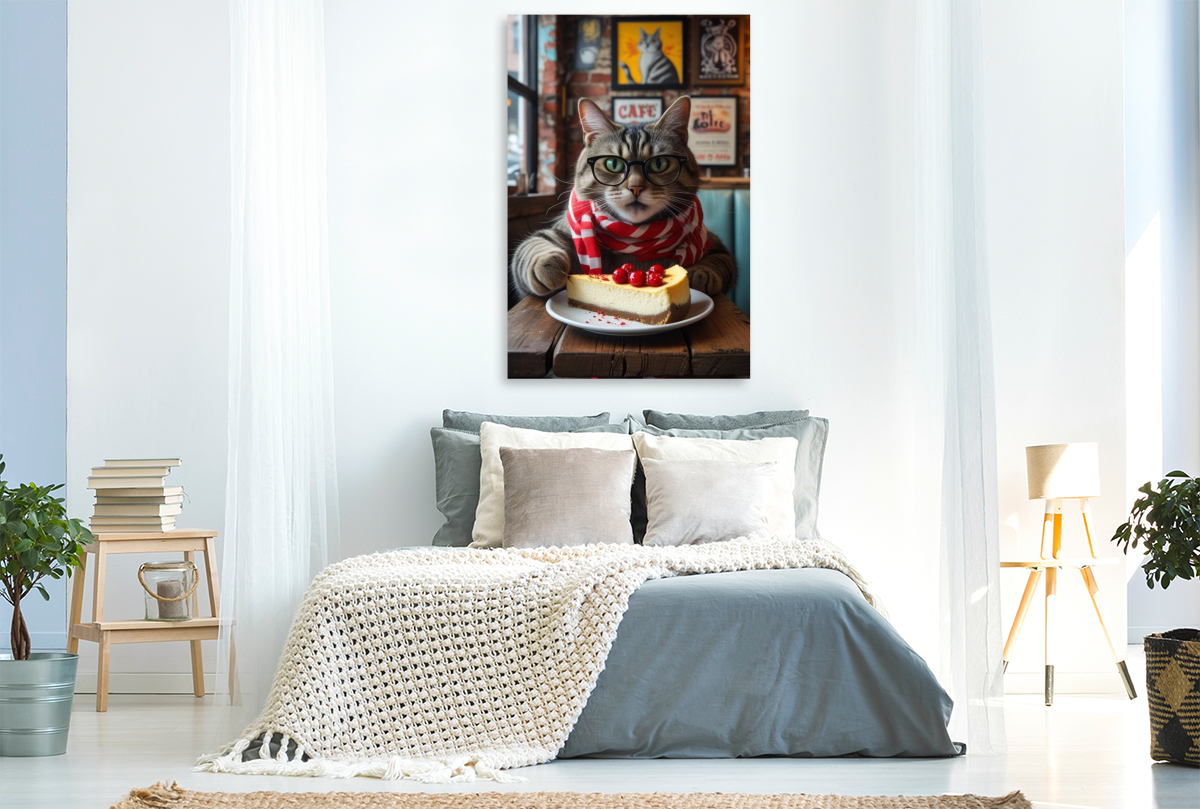 Café-Katze mit Brille und Kuchen – witziges Katzenbild im Hipster-Stil