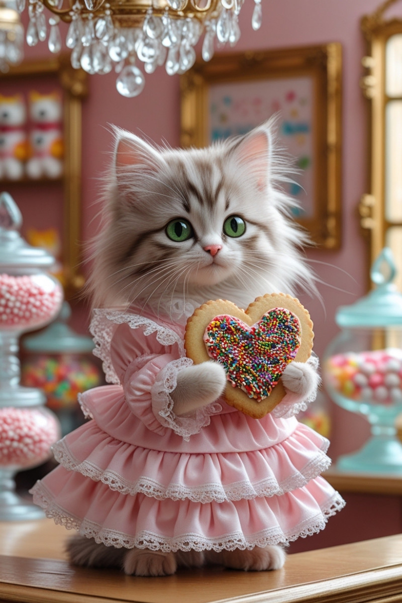 Katzenbaby mit Rüschenkleid im Bonbonparadies