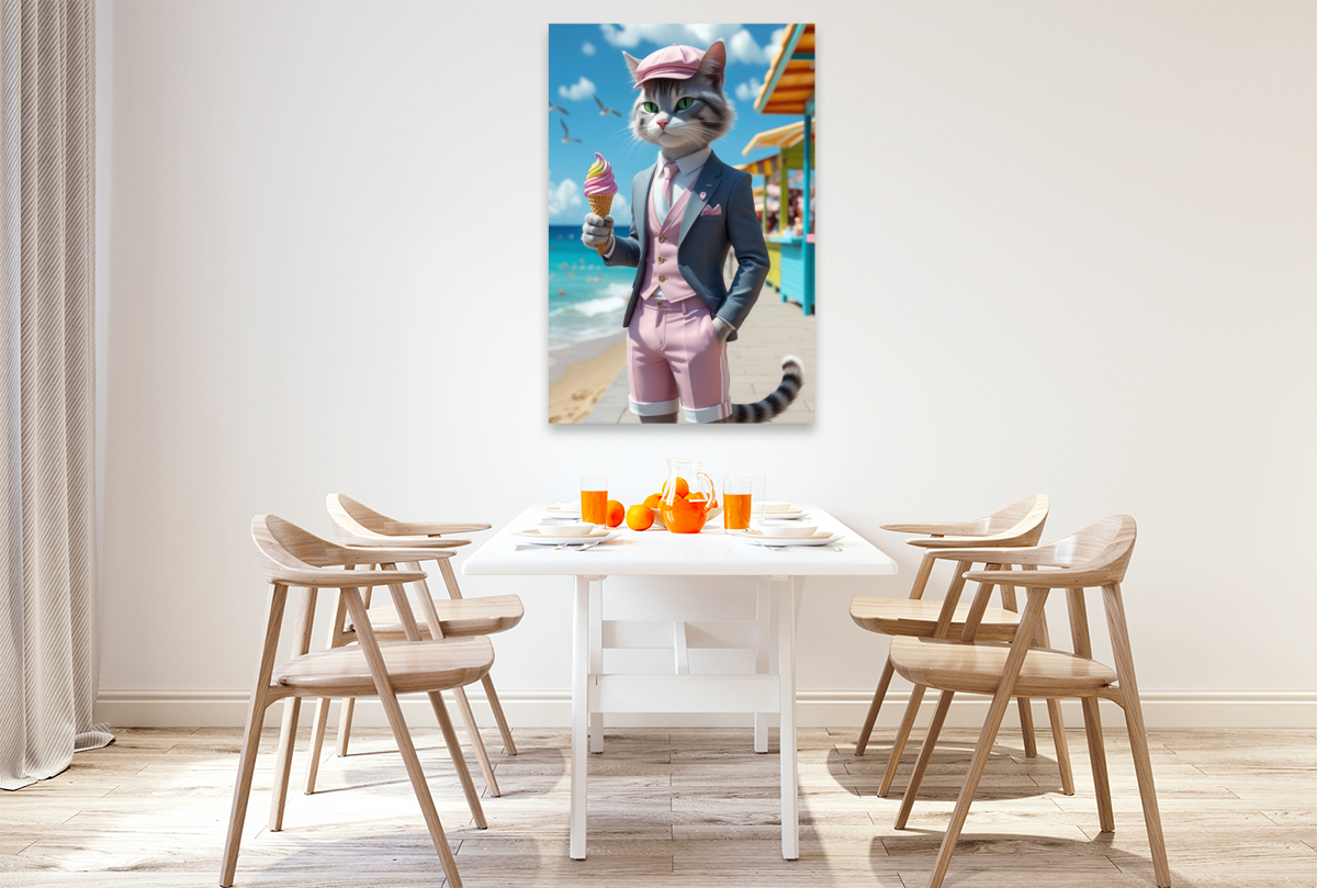 Kater mit Eis im Sommeranzug – stilvolles Katzenmotiv am Strand