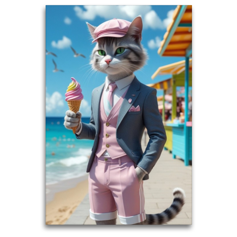 Kater mit Eis im Sommeranzug – stilvolles Katzenmotiv am Strand