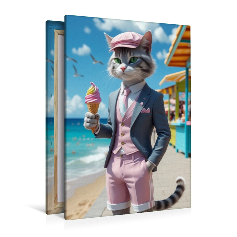 Kater mit Eis im Sommeranzug – stilvolles Katzenmotiv am Strand