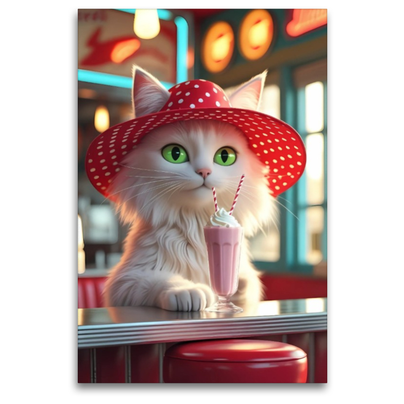 Katzen-Diva im Diner mit Milchshake – lustiges Retro-Motiv für Katzenfreunde