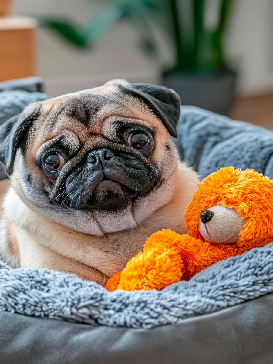 Mops und sein Kuschelbärchen