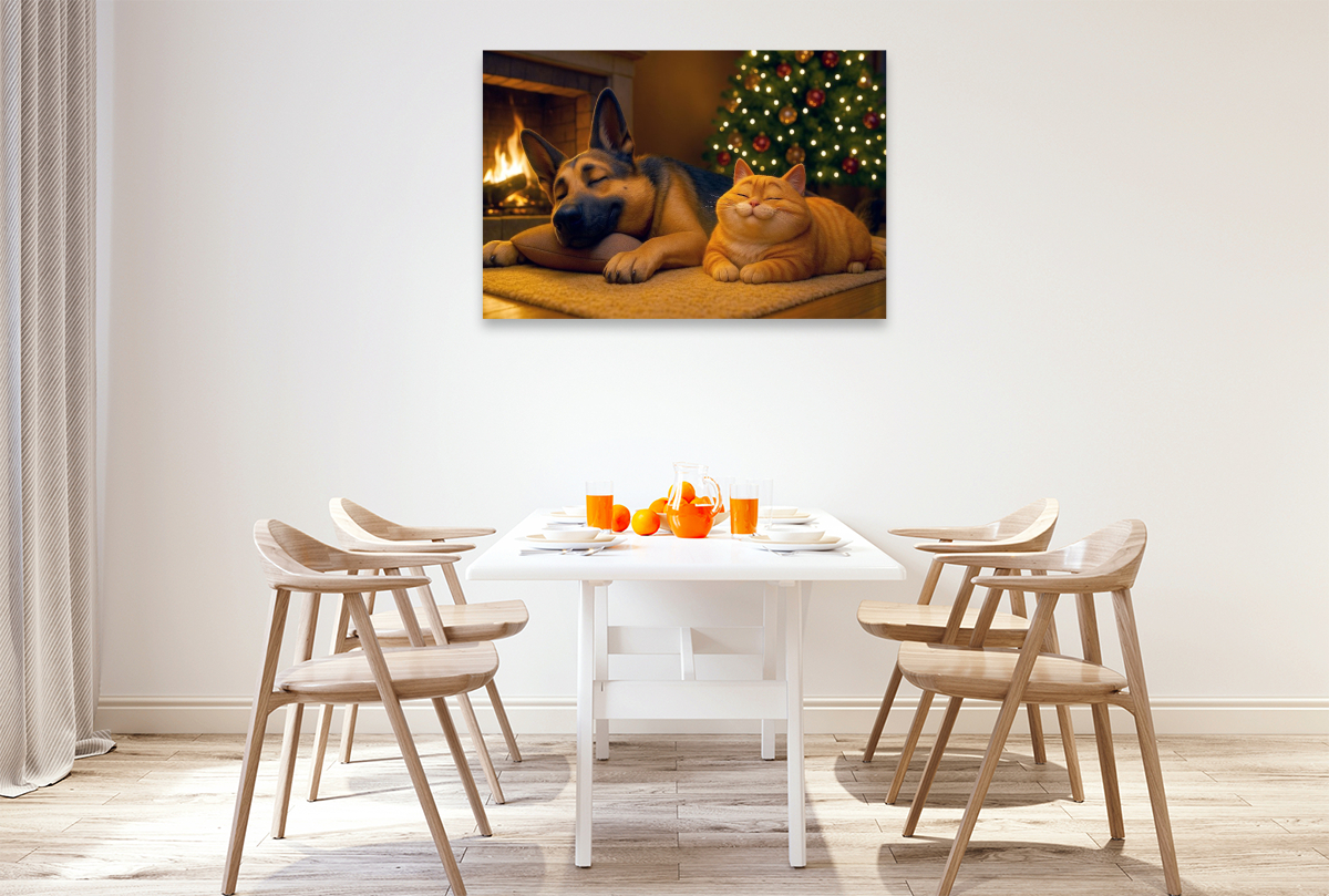 Weihnachtsentspannung - Schäferhund und Katze am Kamin