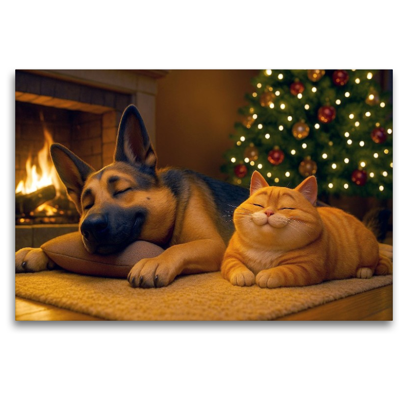 Weihnachtsentspannung - Schäferhund und Katze am Kamin