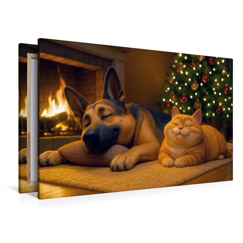 Weihnachtsentspannung - Schäferhund und Katze am Kamin