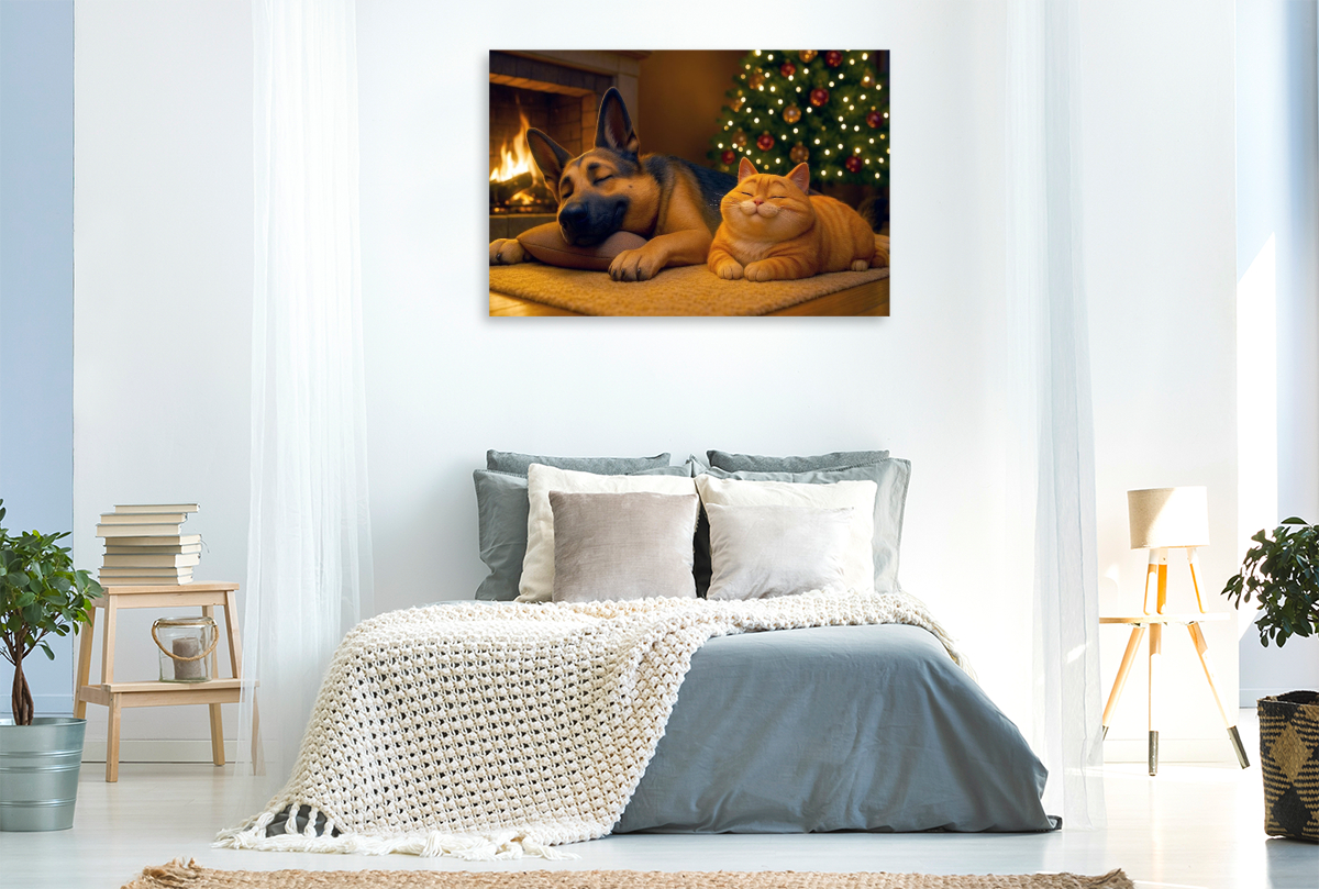 Weihnachtsentspannung - Schäferhund und Katze am Kamin