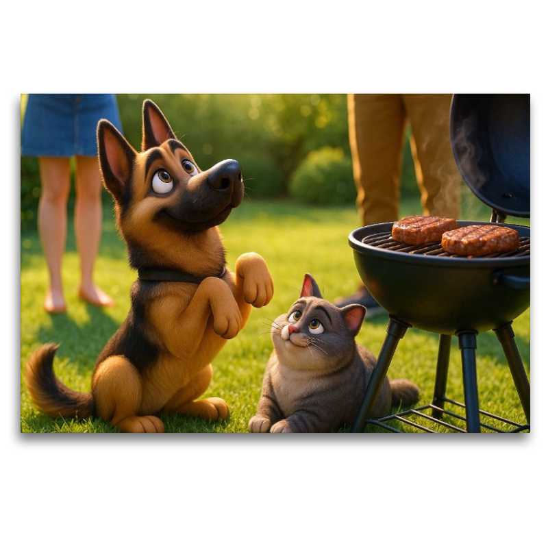 Gibt es was für uns? - Schäferhund und Katze betteln am Grill