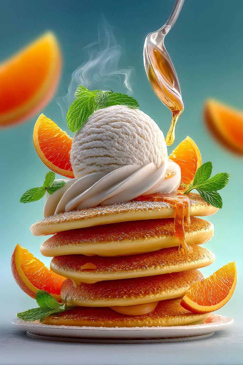 Duftende Pancakes werden verwöhnt von Vanilleeis und goldigem Sirup