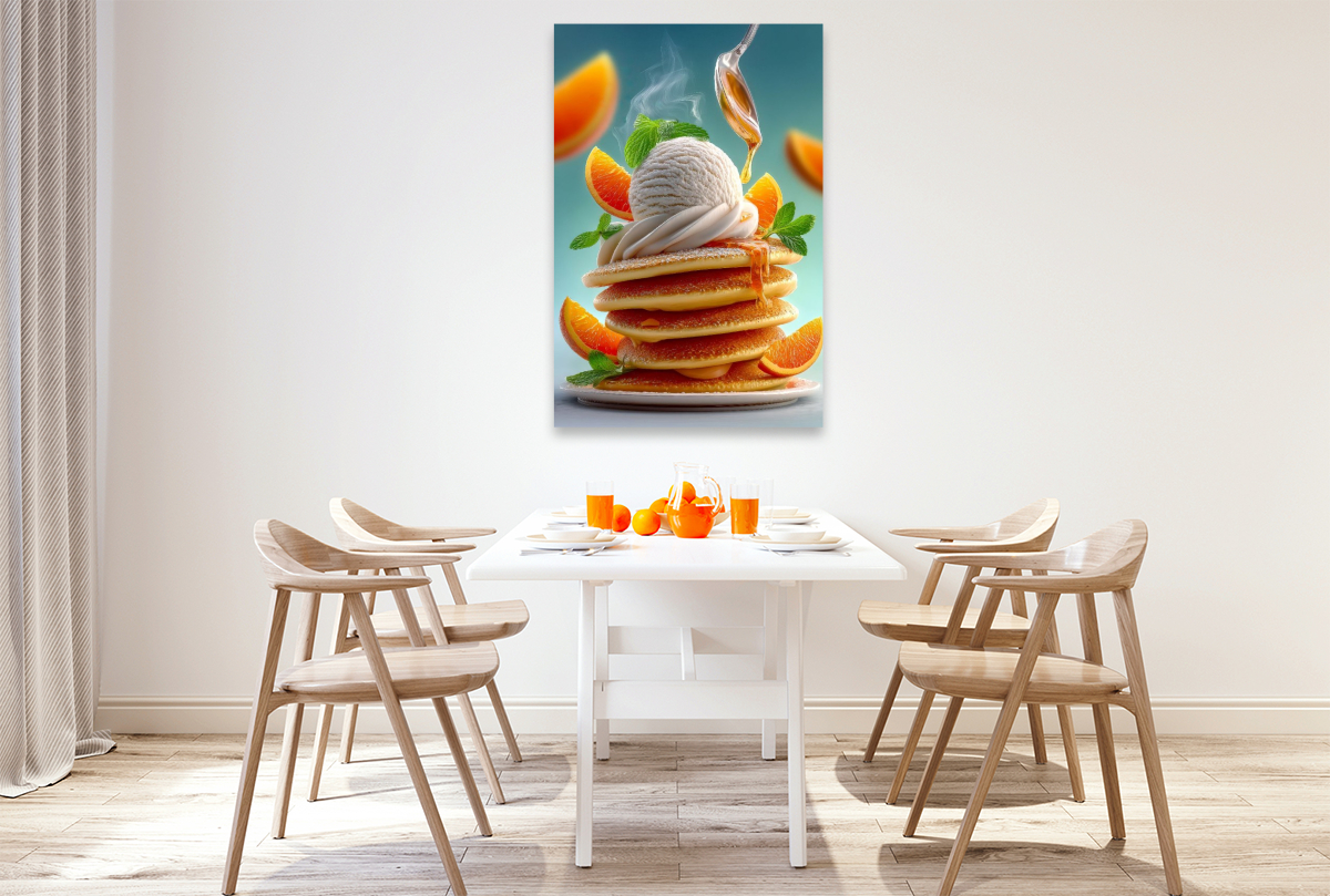Duftende Pancakes werden verwöhnt von Vanilleeis und goldigem Sirup