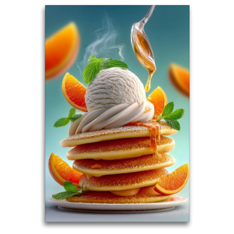 Duftende Pancakes werden verwöhnt von Vanilleeis und goldigem Sirup