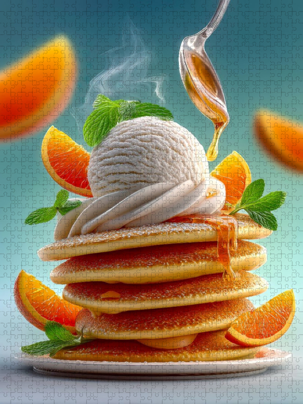 Duftende Pancakes werden verwöhnt von Vanilleeis und goldigem Sirup
