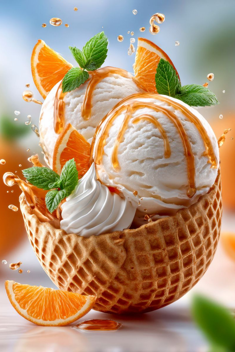 Herrlich verpackt in einer Waffel - Vanilleeis mit Orangen und Orangensirup