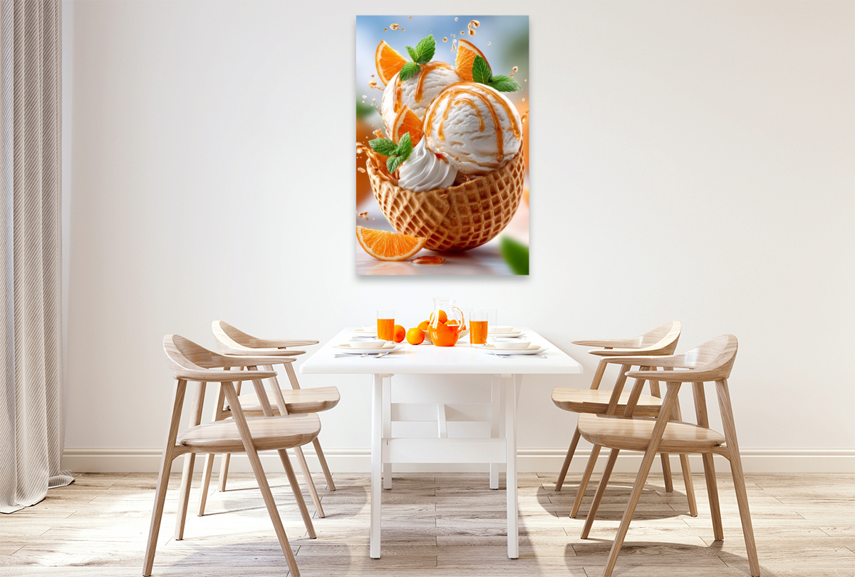Herrlich verpackt in einer Waffel - Vanilleeis mit Orangen und Orangensirup