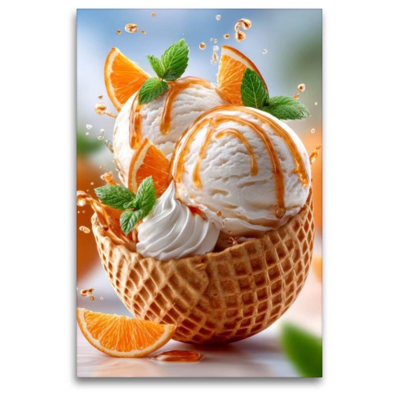 Herrlich verpackt in einer Waffel - Vanilleeis mit Orangen und Orangensirup