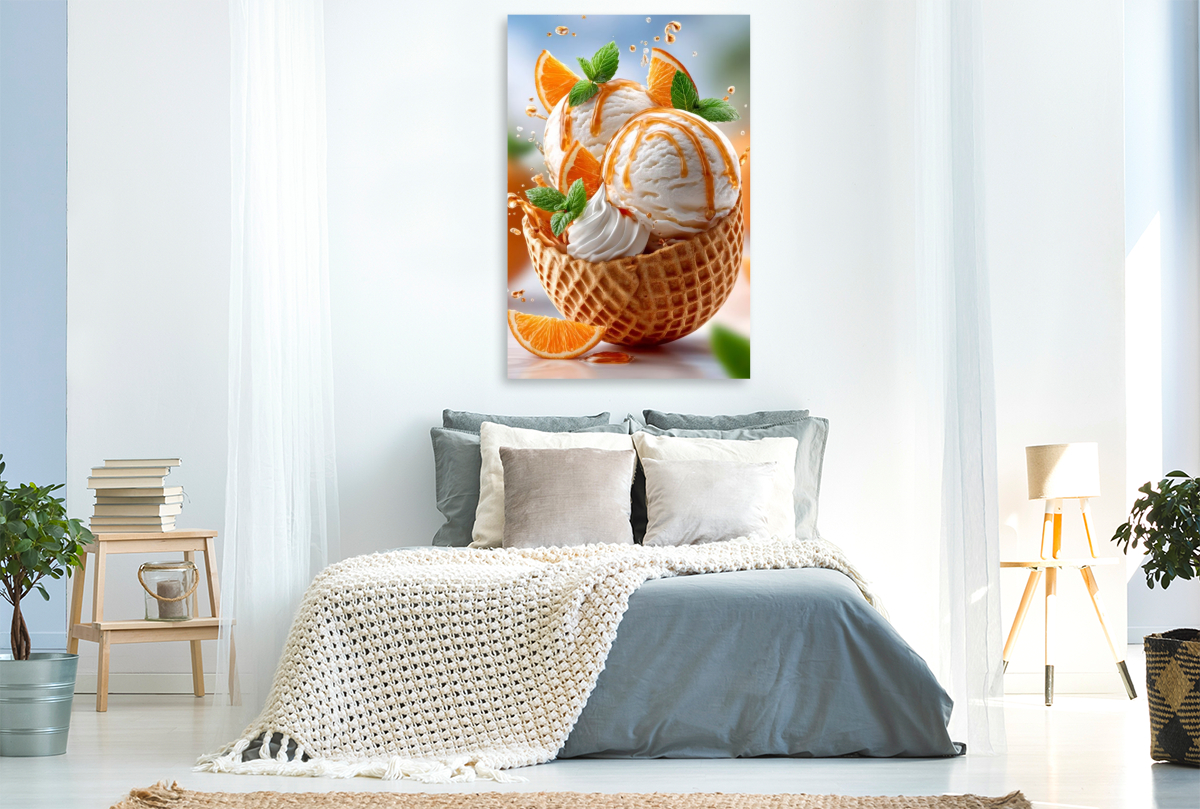 Herrlich verpackt in einer Waffel - Vanilleeis mit Orangen und Orangensirup
