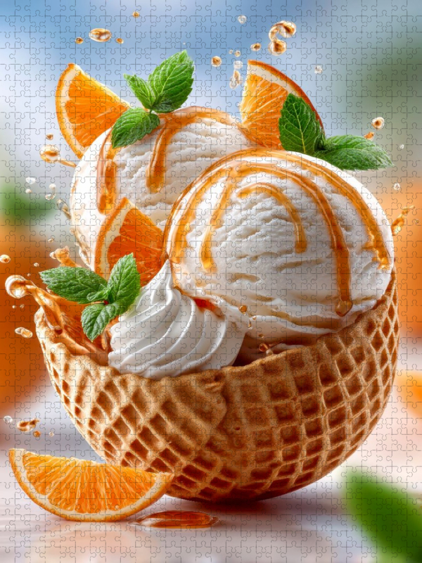Herrlich verpackt in einer Waffel - Vanilleeis mit Orangen und Orangensirup