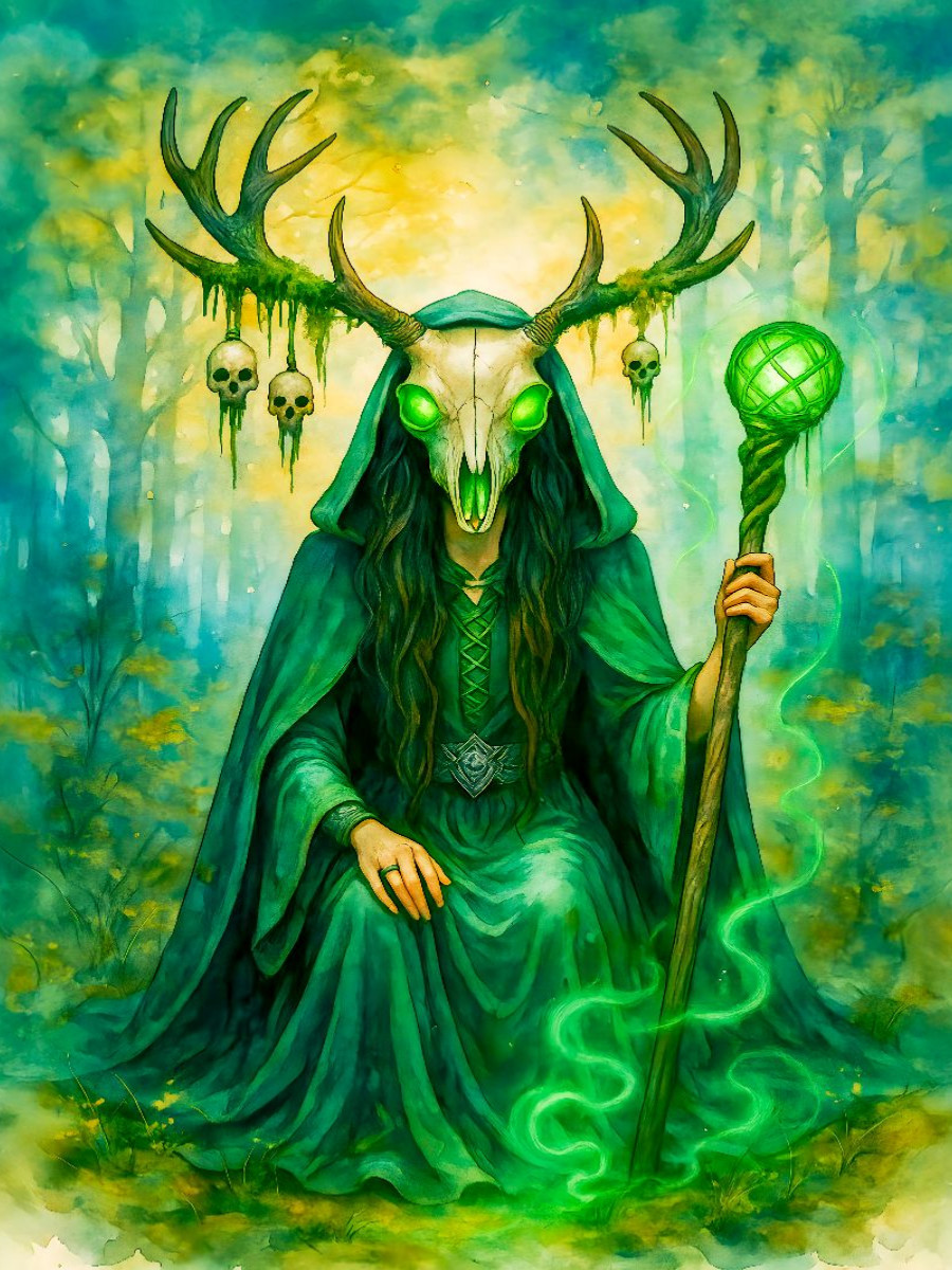 Geheimnisvolle keltische Druidin mit Geweih und Kraft