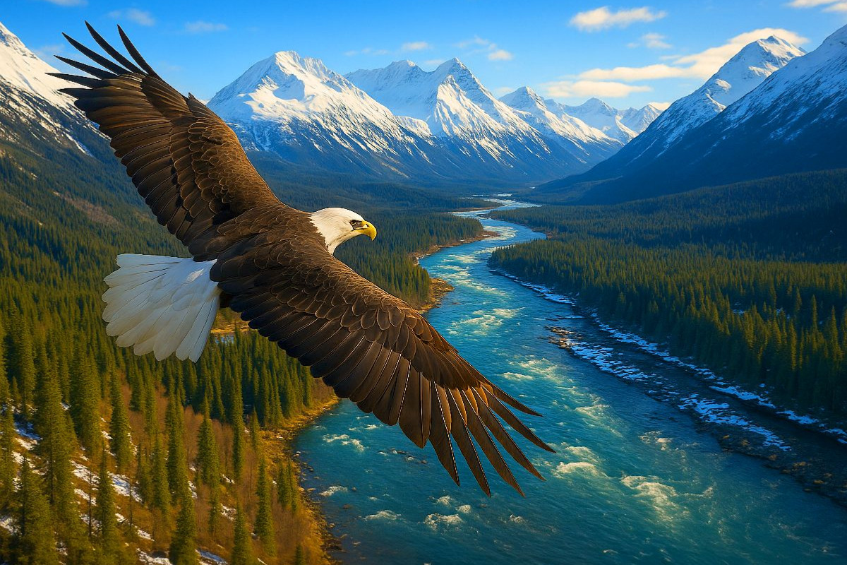 Weißkopfseeadler im Flug über dem Fluss