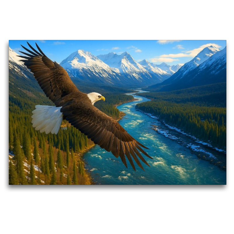 Weißkopfseeadler im Flug über dem Fluss