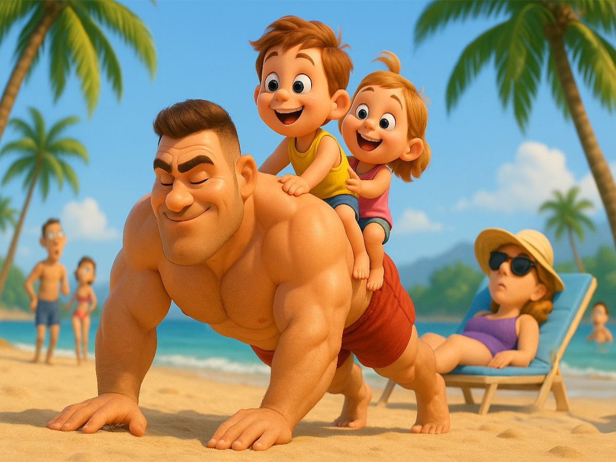 Kurze Übungen am Strand - Bodybuilder mit Familie