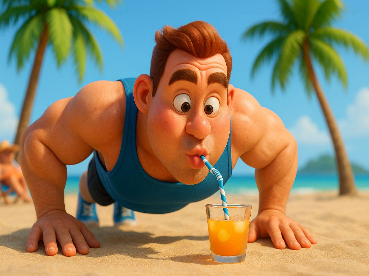Jeder Liegestütz eine kleine Belohnung - Bodybuilder am Strand